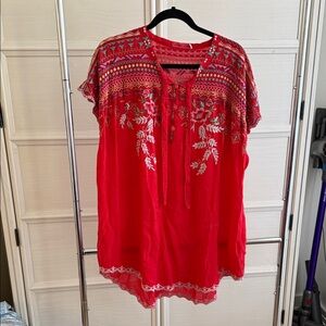 Johnny Was Red Embroidered Floral Tunic